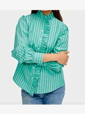 Clare V Cotton Teal Green Striped Ruffle-Front Shirt.